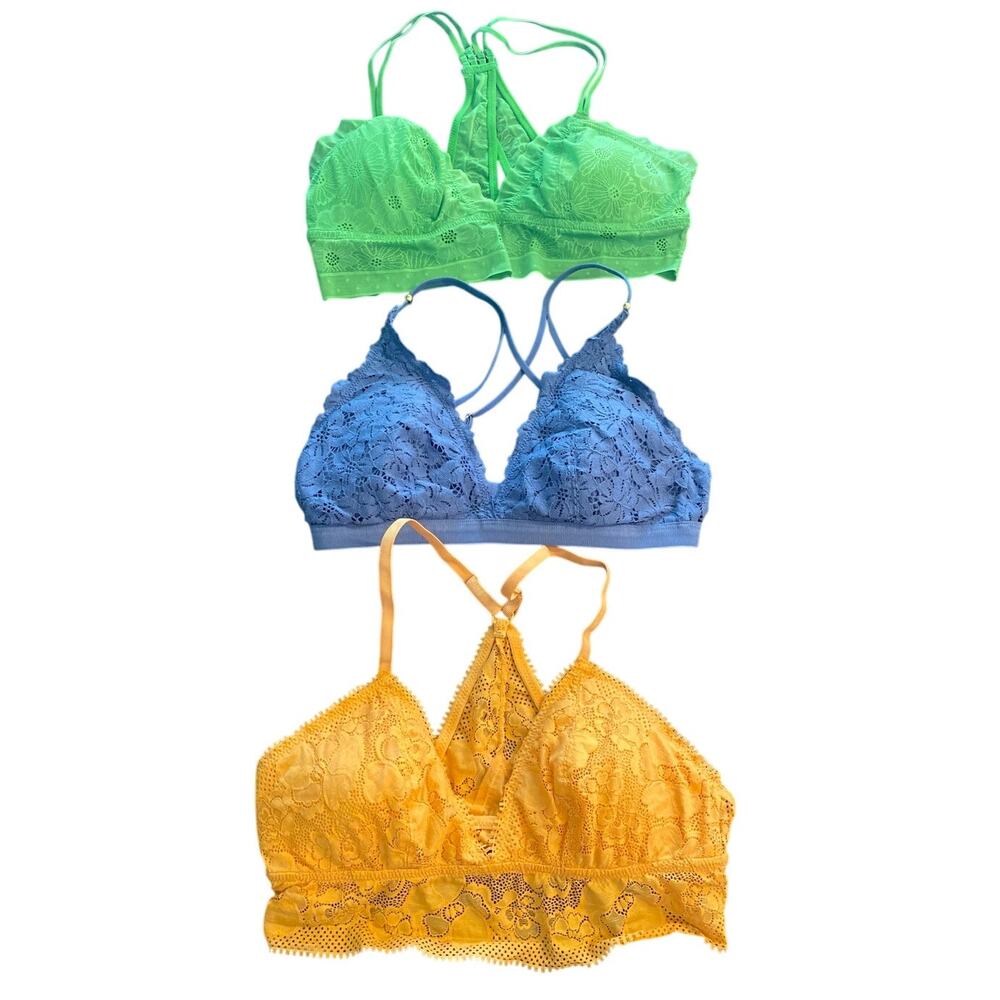 Aerie 3 Pack Lace Bralette‎ Bundle Large Green Blue Tangerine Coquette Festival